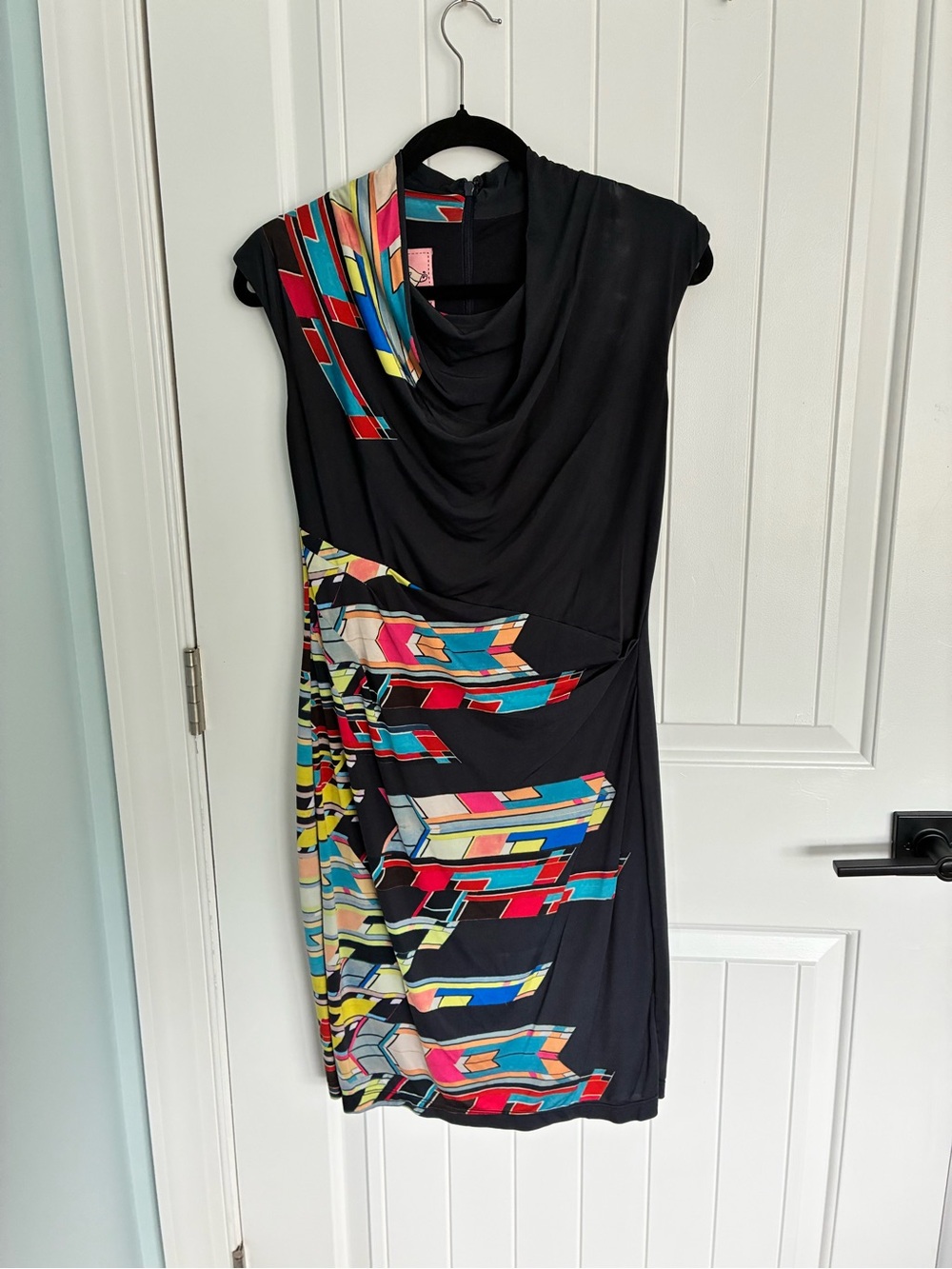 Phoebe Couture Black Sleeveless Cowl Neck Dress with Multicolor Geometric Print